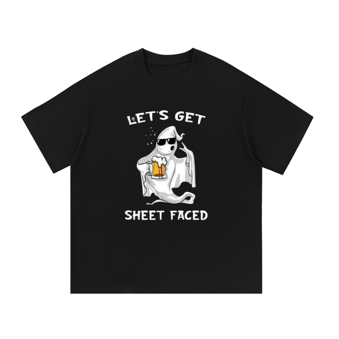 "let's get sheet faced" halloween ghost drinking graphic tee