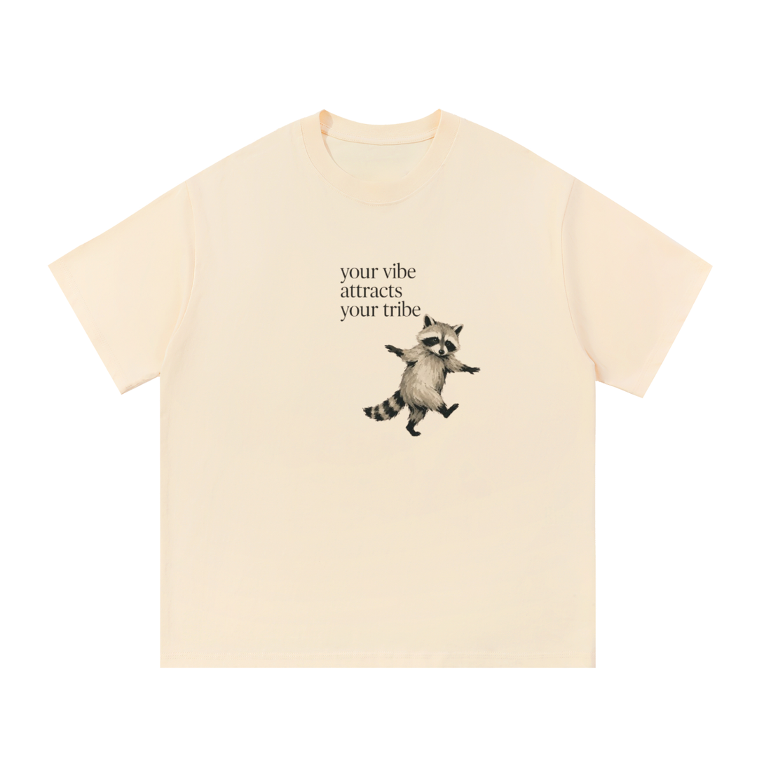 "your vibe attracts your tribe" racoon graphic tee