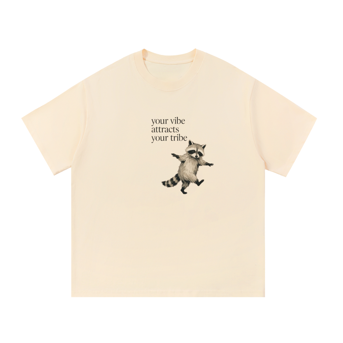 "your vibe attracts your tribe" racoon graphic tee