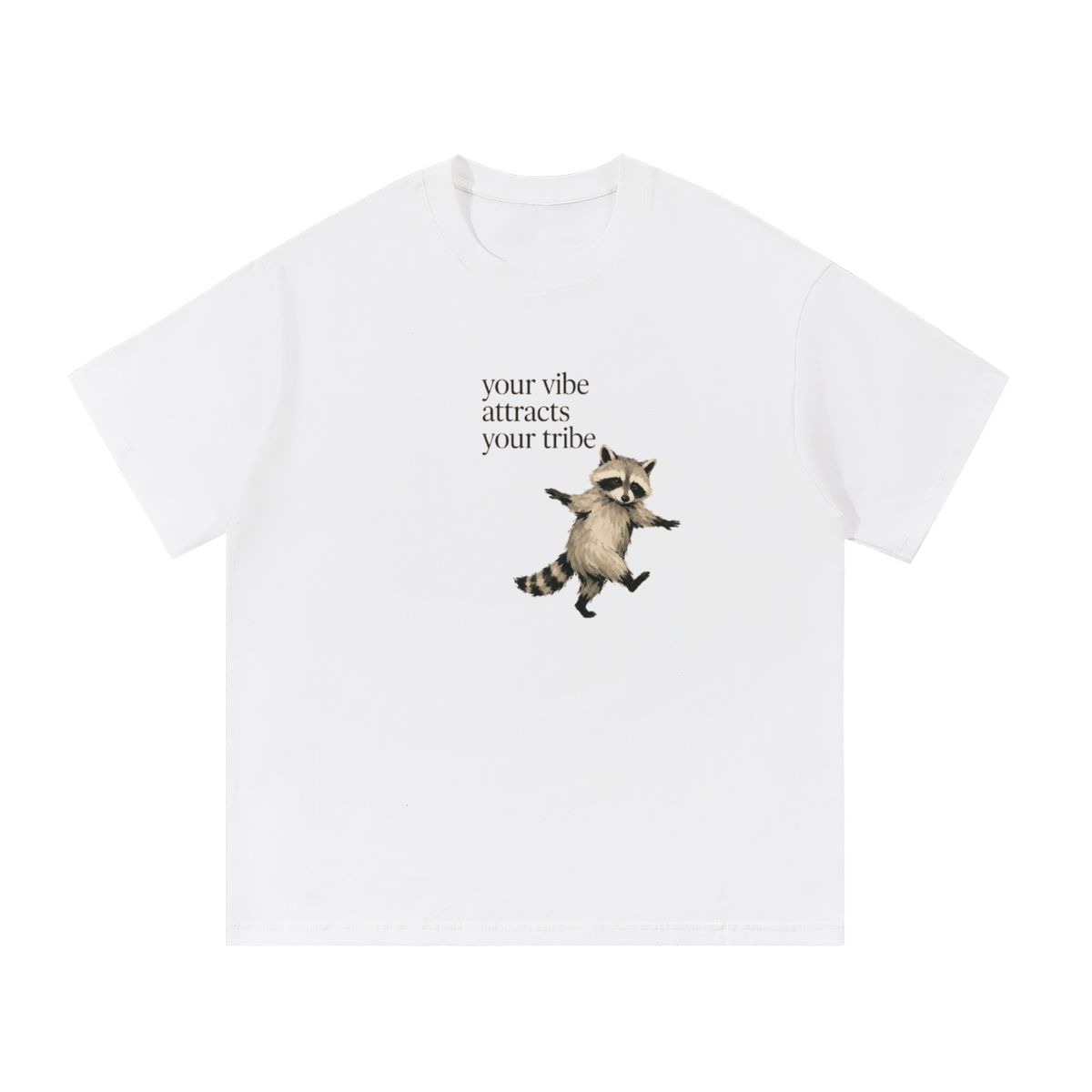 "your vibe attracts your tribe" racoon graphic tee